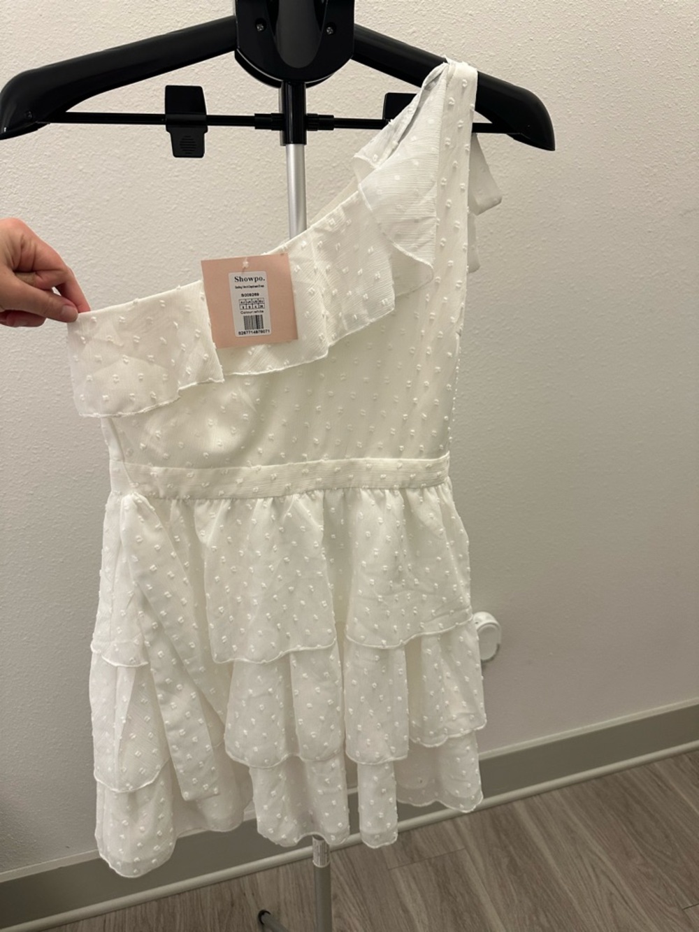 Showpo White Swiss Dot One-Shoulder Dress